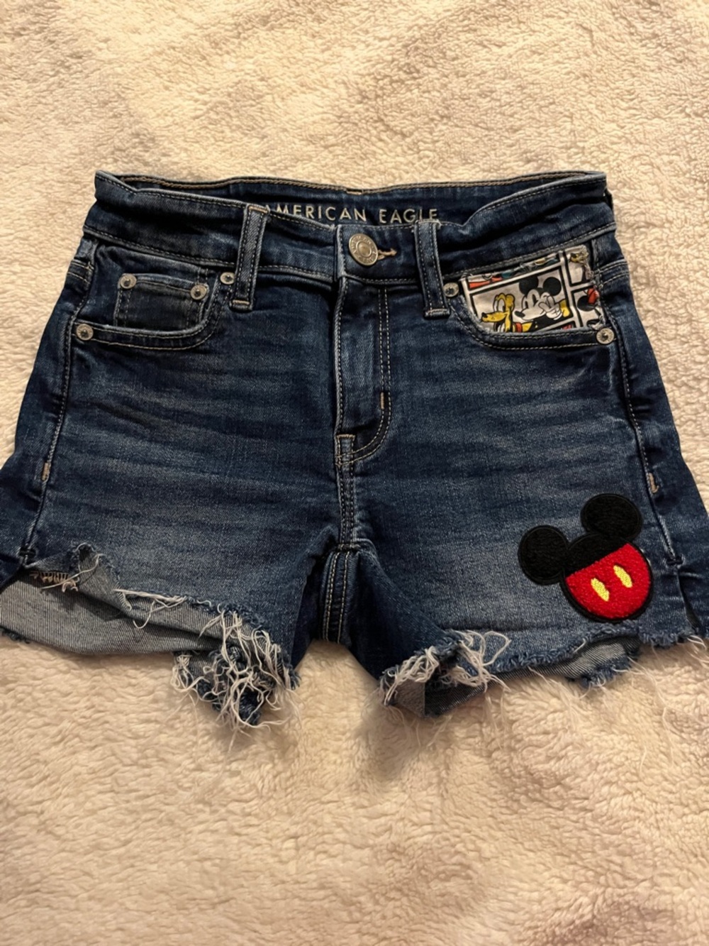American Eagle Outfitters Dark Blue Denim Shorts with Mickey Patch Pocket